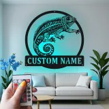 Cartel de metal personalizado con luz LED de camaleón, regalo personalizado para amantes de reptiles, decoración para salón u oficina