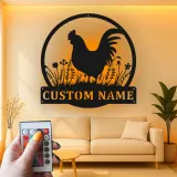 Insegna in metallo con gallo personalizzata con LED | Arte murale personalizzata per fattoria | Decorazione rustica per cucina e pollaio | Regalo per amanti dei polli