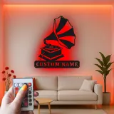 Arte Murale in Metallo LED con Gramofono | Regalo Personalizzato per Amante della Musica | Insegna con Nome Personalizzato per Decorazione Retro di Casa e Studio