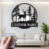 Insegna in metallo LED personalizzata con cervo e foresta, regalo per amanti della natura, decorazione rustica per soggiorno