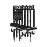 Panneau de nom en skateboard personnalisé | Décoration murale en métal LED | Décor de chambre d'adolescent avec drapeau américain | Cadeau personnalisé pour skateur