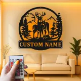 Décoration murale en métal personnalisée avec éclairage LED pour la famille de cerfs - Cadeau personnalisé pour les amoureux de la nature et le décor de cabane rustique