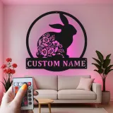 Personalized Rabbit Sign with LED | Custom Floral Bunny Metal Wall Art | Boho Nursery Decor | Unique Easter & Rabbit Lover Gift