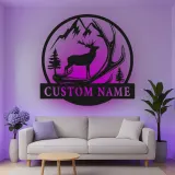 Personalisierte Metall-Wandkunst mit Hirschgeweih und LED-Beleuchtung – Geschenk für Naturliebhaber, Hüttendeko mit Bergmotiv