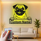 Insegna LED Pug Personalizzata | Insegna in Metallo per Cani | Regalo per Amanti degli Animali e Decorazione per Nursery | Silhouette di Cucciolo Realistica