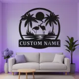 Insegna LED fenicottero personalizzata | Arte da parete in metallo per patio e piscina | Decorazione tropicale con palma