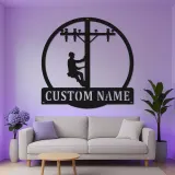 Arte da Parete in Metallo LED per Lineman | Regalo Personalizzato per Elettricista | Insegna con Nome Personalizzata per Garage o Ufficio | Decorazione per Palo Elettrico