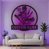 Custom Barber Shop Led Light Metal Wall Art Personalized Gift for Barbers Salon Decor with Name