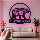 Custom Bear and Mountain Scene Led Light Metal Wall Art Personalized Nature Lover Gift Cabin Decor
