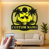 Insegna LED fenicottero personalizzata | Arte da parete in metallo per patio e piscina | Decorazione tropicale con palma