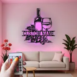 Décoration murale en métal personnalisée avec bouteille de vin et verre en rétroéclairage - Cadeau pour les amateurs de vin, décoration de cuisine ou de bar