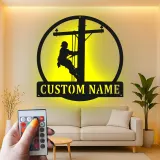 Lineman LED Metal Wall Art | Personalized Electrician Name Sign | Custom Utility Worker Gift