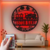 Décoration murale en métal personnalisée avec train en rétroéclairage - Cadeau pour enfants - Décor de chambre de bébé