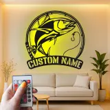 Insegna LED da pesca personalizzata | Insegna in metallo personalizzata | Decorazione con nome del pescatore per casa al lago e baita, idea regalo
