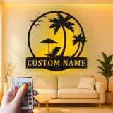 Custom Beach Scene Led Light Metal Wall Art Personalized Tropical Gift for Couples Bedroom or Patio Decor