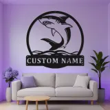 Décoration murale LED en métal requin blanc | Panneau personnalisé avec prénom | Déco prédateur marin pour bureau et man cave | Cadeau vie marine