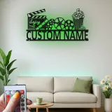 Panneau de Cinéma Personnalisé | Art mural en métal LED de Cinéma Personnalisé | Décor de Salle de Cinéma Familiale | Panneau Lumineux Bobine de Film & Popcorn