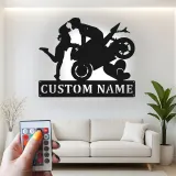 Panneau en métal moto personnalisé | Art LED pour couples de motards | Décoration murale romantique pour chambre et garage