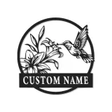Arte Murale in Metallo Colibrì e Giglio | Insegna LED con Nome Personalizzato | Decorazione Floreale per Giardino | Regalo per Mamma