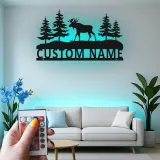 Custom Moose Metal Wall Art | Personalized LED Sign for Cabin Decor | Rustic Forest Scene for Outdoorsman Gift | Backlit Wildlife Art