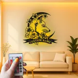 Personalized Fox LED Sign | Custom Metal Wall Art with Floral Moon | Boho Wildlife Decor for Nursery or Office | Hand-Crafted Gift