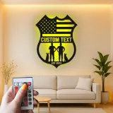 Police Officer & K9 Unit LED Sign | Personalized Law Enforcement Metal Art | Custom American Flag Shield | Police Officer Gift