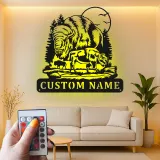 Décoration murale en métal personnalisée avec bison et forêt en rétroéclairage LED - Cadeau faune rustique pour cabane