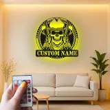 Décoration murale en métal personnalisée Crâne de Cowboy avec rétroéclairage LED - Cadeau personnalisé pour les passionnés de western - Décor de man cave