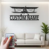 Personalisierte Biplan LED Licht Metall-Wandkunst – Geschenk für Piloten, Hangar oder Büro Dekor