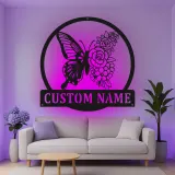 Décoration murale en métal personnalisée Papillon et Fleurs avec Rétroéclairage LED Cadeau pour Amateurs de Jardin Décor de Chambre ou de Patio