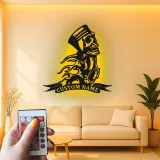 Cartel de metal personalizado con calavera de motocicleta | Señal de garaje de motorista con LED | Decoración de hombre de cueva con llamas de pistón