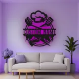 Personalisiertes Metall-Wandbild mit Kochmütze und LED-Beleuchtung – Küchen-Geschenk mit Namen