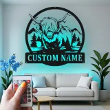 Decoración mural de metal LED de vaca de las Highlands | Letrero personalizado para rancho con luces | Decoración farmhouse personalizada para hogar y negocio
