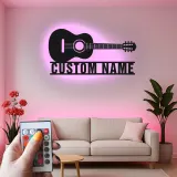 Enseigne guitare en métal personnalisée avec LED | Décoration murale prénom sur mesure pour studio de musique et cadeau musicien | Décor pour guitariste