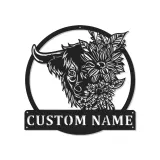 Décoration murale en métal Highland Cow | Plaque LED personnalisée pour maison de campagne | Cadeau floral pour salon