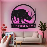Rhinoceros Metal Wall Art | Custom Name LED Sign | Wildlife Safari Decor for Living Room or Office | Unique Animal Lover Gift