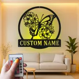 Custom Butterfly and Flowers Led Light Metal Wall Art Personalized Gift for Nature Lovers Bedroom or Garden Decor