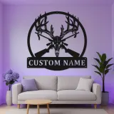 Panneau LED en métal personnalisé tête de cerf | Décor de chalet avec fusils croisés | Décoration murale de chasse sur mesure | Cadeau pour homme