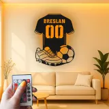 Insegna LED a forma di maglia di calcio personalizzata | Arte murale in metallo per camera di giocatore | Regalo per tifosi di calcio con nome e numero