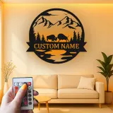 Cartel de metal personalizado con escena de montaña y bisonte iluminado LED, regalo para amantes de la naturaleza, decoración para cabañas o lodges