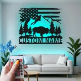 Custom Bison and Mountains Led Light Metal Wall Art Personalized Nature Lover Gift Rustic Cabin Decor