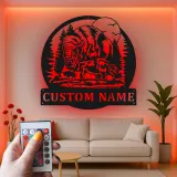 Insegna in metallo LED personalizzata con bisonte e famiglia - Regalo per amanti della natura - Decorazione rustica per cabin