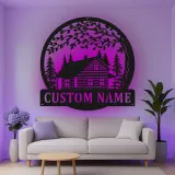 Cartel de metal personalizado con cabaña de troncos y luz LED, regalo de inauguración personalizado, decoración rústica para amantes de cabañas