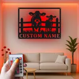 Insegna in metallo LED personalizzata con mucca e vitello - Regalo per agricoltori - Decorazione rustica per fienile