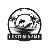 Décoration murale en métal personnalisée avec scène de plage de dauphins et rétroéclairage LED - Cadeau pour amoureux de l'océan - Décor de salon côtier
