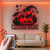 Enseigne cheval en métal avec LED | Décoration murale équestre personnalisée | Décor de ranch, grange et écurie | Cadeau pour amoureux des chevaux