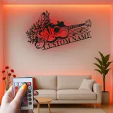 Personalized Guitar LED Sign | Custom Metal Wall Art for Music Room | Floral Musician Gift | Boho Home Decor