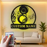 Panneau en métal LED personnalisé pour musicien | Art mural personnalisé de tuba | Décoration de notes de jazz pour studio et bar à domicile | Cadeau pour musicien