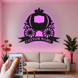 Cartel de carroza de calabaza personalizado | Arte mural de metal para guardería | Decoración temática de princesa con luces LED para habitación de niña