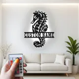Cartel de metal personalizado de caballito de mar con LED | Arte mural náutico personalizado | Regalo de decoración para casa de playa y hogar costero